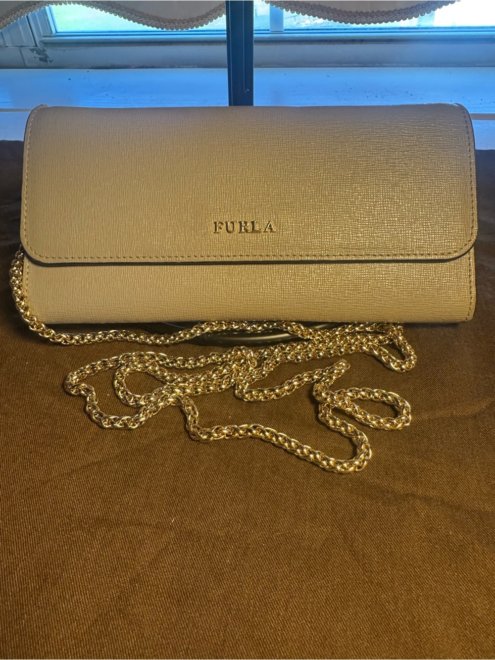 Furla Gray Saffiano Wallet/Crossbody Clutch with Gold Chain